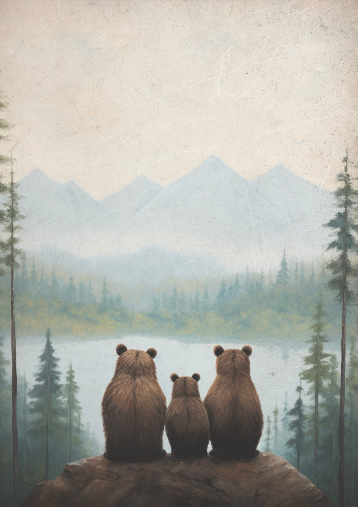 Bear Family Looking Over Lake Art Print