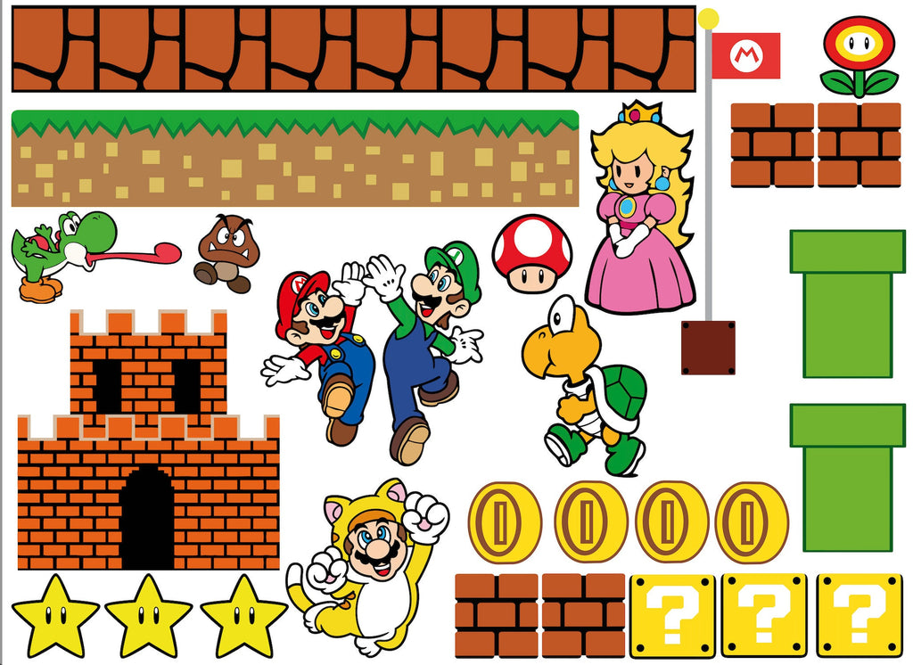 Mario Land, Super Mario Wall Decals, Super Mario and Friends Wall Stickers, Mario Bedroom, Mario and Friends Bedroom, Mario Games Room