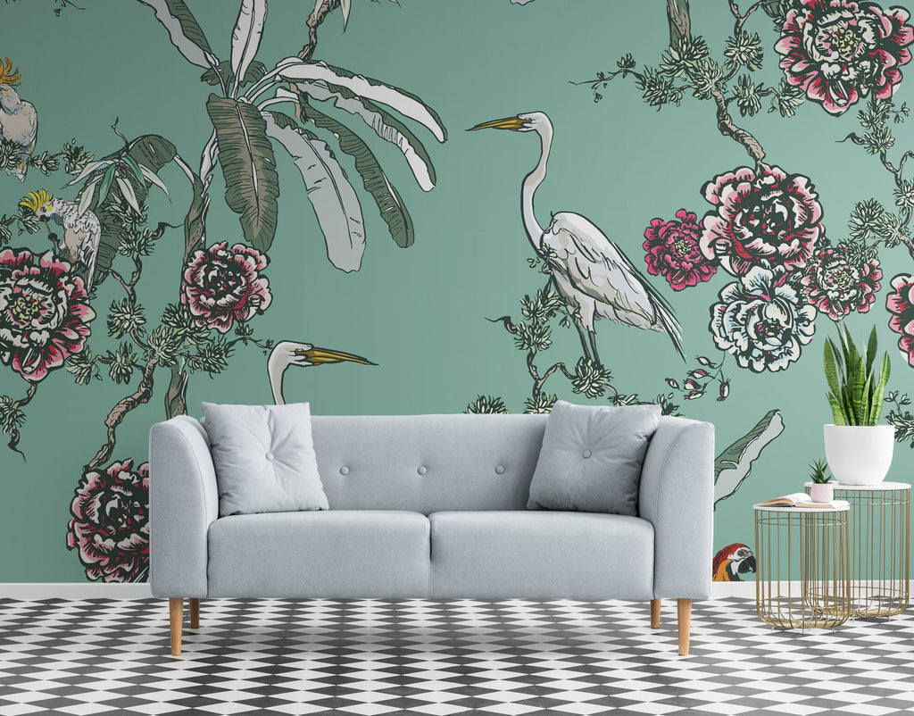 Rose Flower Wallpaper, Exotic Wallpaper, Bird Wallpaper, Pre Paste Wallpaper, Removable Wallpaper