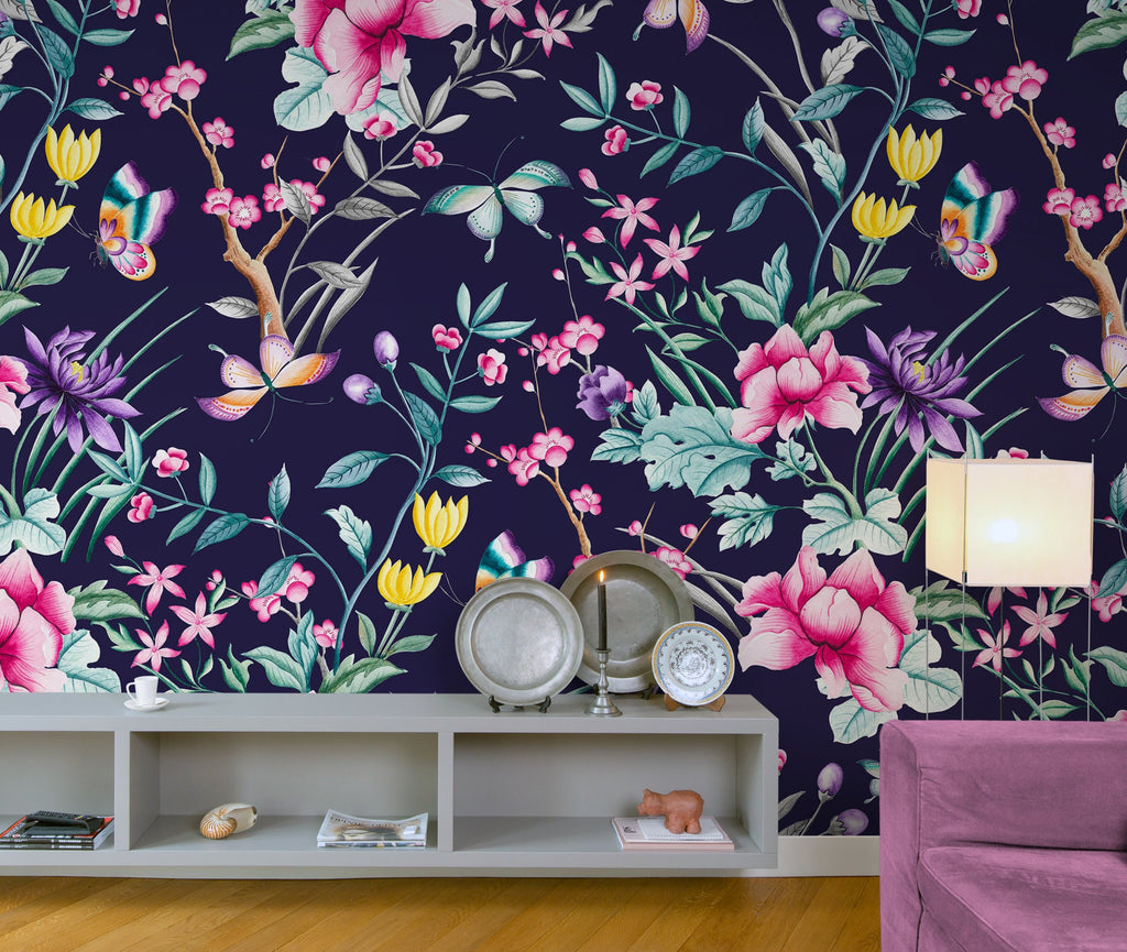 Butterfly Wallpaper, Flower Wallpaper, Chinoiserie Wallpaper, Pre Paste Wallpaper, Removable Wallpaper, Oriental Wallpaper