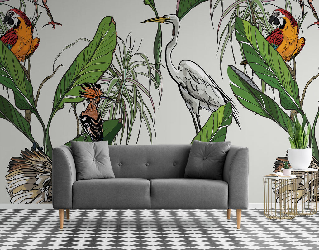 Botanical Wallpaper, Parrot Wallpaper, Tropical Wallpaper, Pre Paste Wallpaper, Removable Wallpaper
