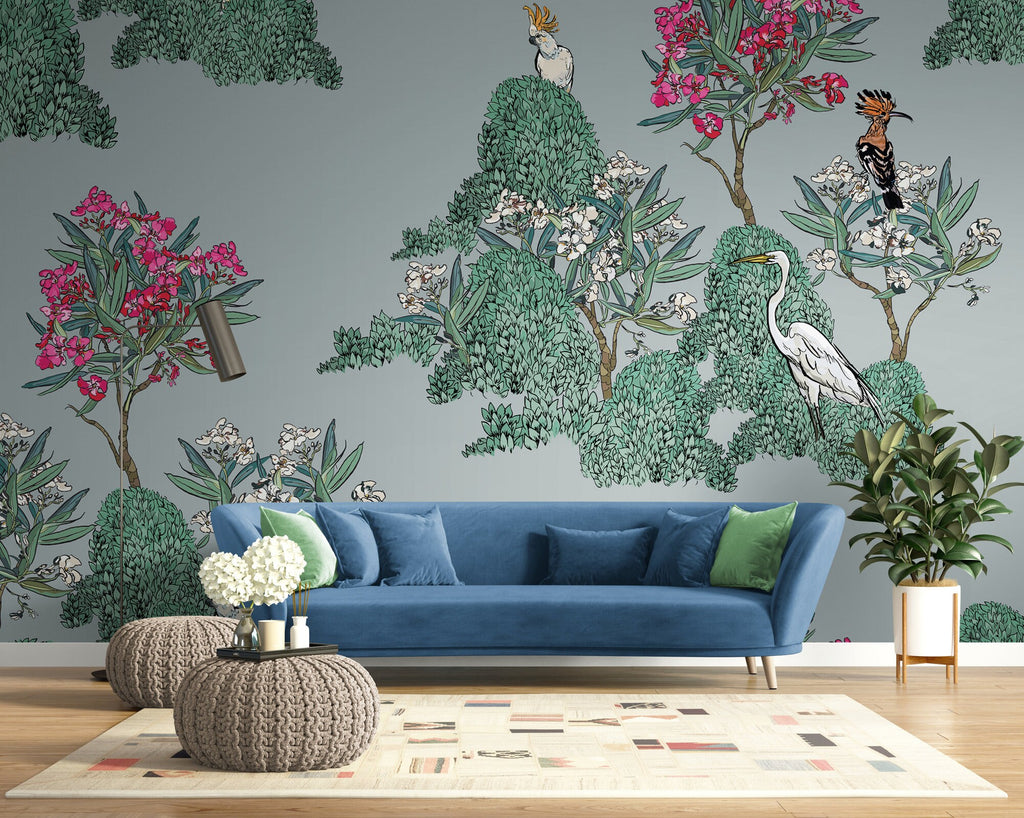 Exotic Bird Wallpaper, pink Wallpaper, Chinese Wallpaper, Pre Paste Wallpaper, Removable Wallpaper