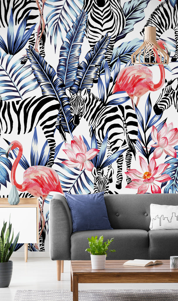 Zebra Wallpaper, Flamingo Wallpaper, Tropical Wallpaper, Pre Paste Wallpaper, Removable Wallpaper