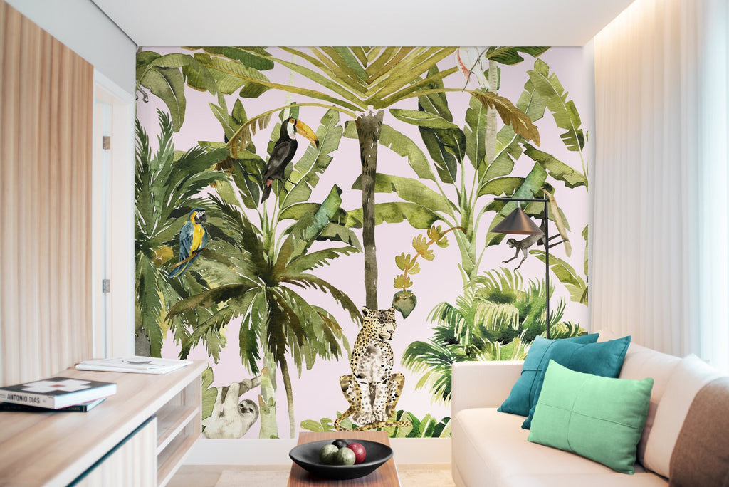 Jungle Wallpaper, Leopard Wallpaper, Animal Wallpaper, Pre Paste Wallpaper, Removable Wallpaper, Palm Wallpaper