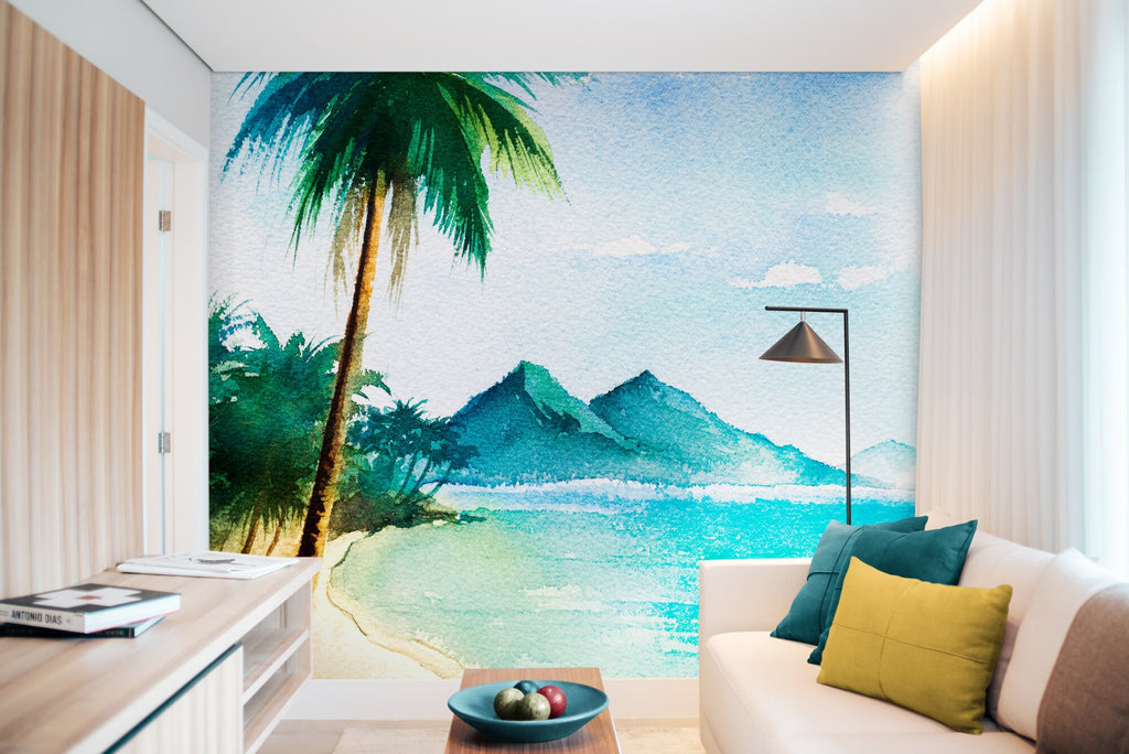 Tropical Watercolour Wallpaper Mural, Paradise Wallpaper, Pre Paste Wallpaper, Removable Wallpaper, Palm Tree Wallpaper