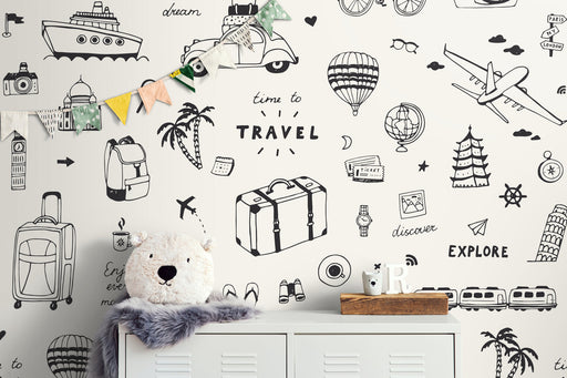 Traveller Wallpaper, World Travel Pattern, Removable Wallpaper, Pre Paste wallpaper, Self Adhesive Wallpaper