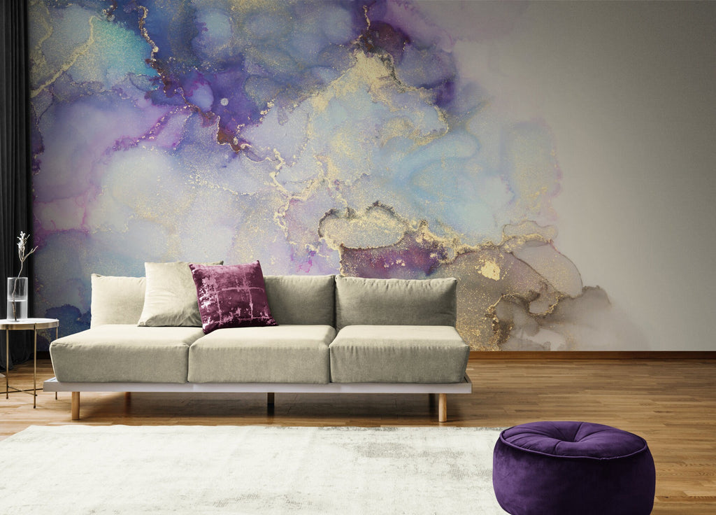 Abstract Purple & Gold Glitter Wallpaper, Marble Effect Wallpaper, Pre Paste Wallpaper, Removable Wallpaper, Luxury Wallpaper