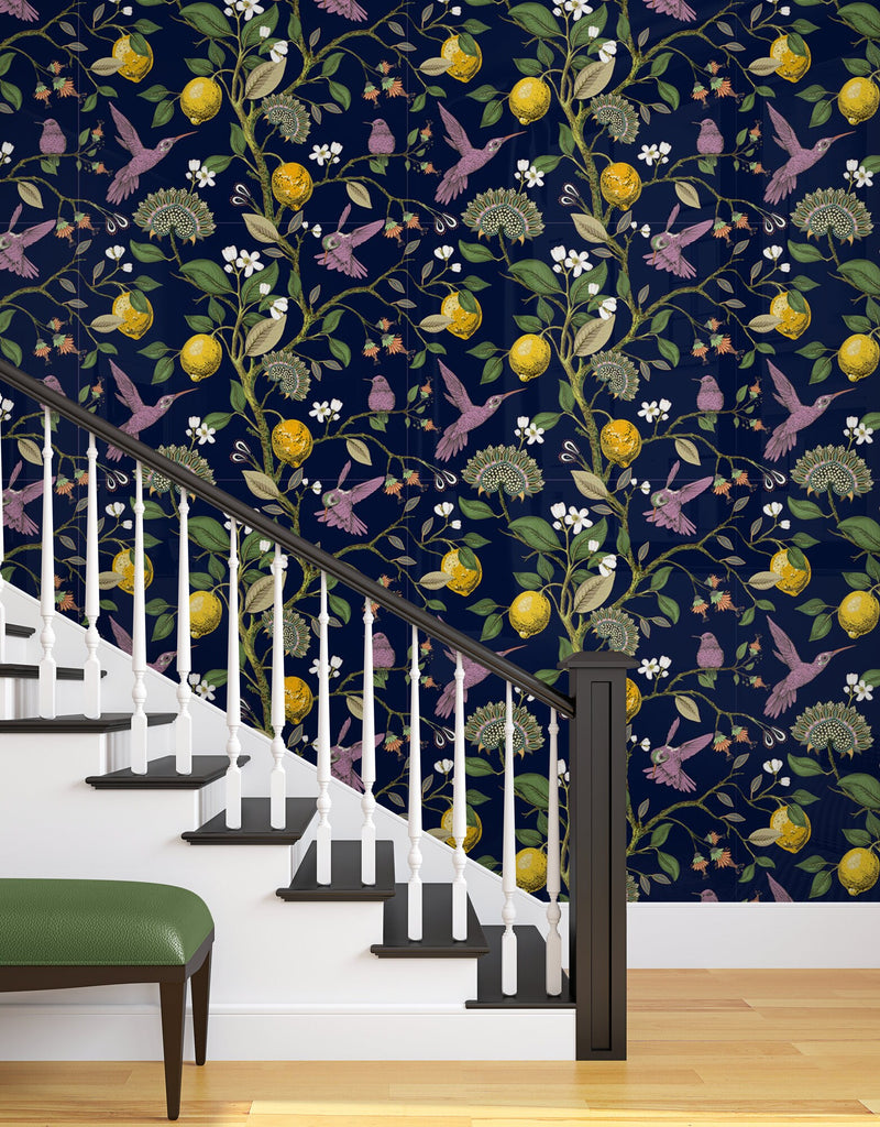 Dark Botanical Wallpaper, Pre Paste Wallpaper, Removable Wallpaper, Luxury Wallpaper, Bird Wallpaper, Lemon Wallpaper