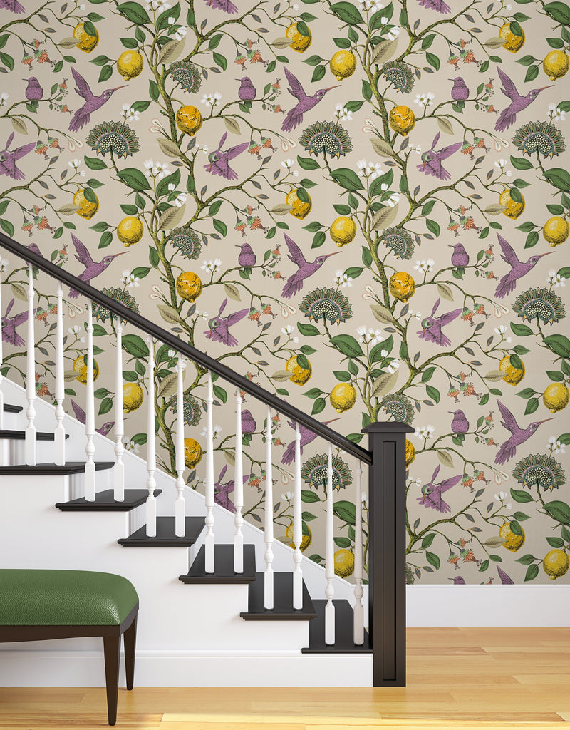 Light Botanical Wallpaper, Pre Paste Wallpaper, Removable Wallpaper, Luxury Wallpaper, Bird Wallpaper, Lemon Wallpaper