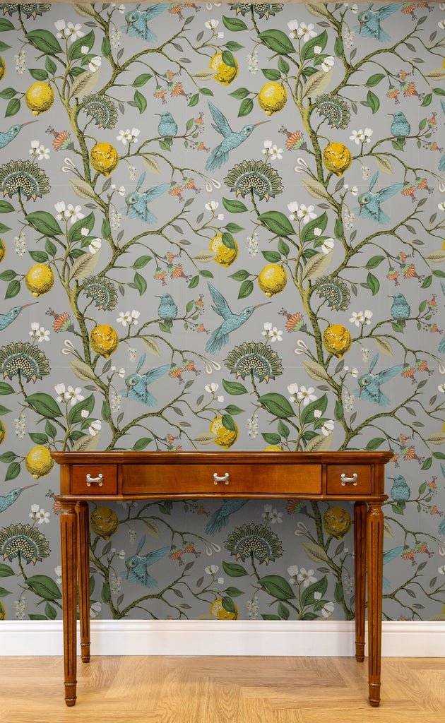 Botanical Wallpaper, Pre Paste Wallpaper, Removable Wallpaper, Luxury Wallpaper, Bird Wallpaper, Lemon Wallpaper