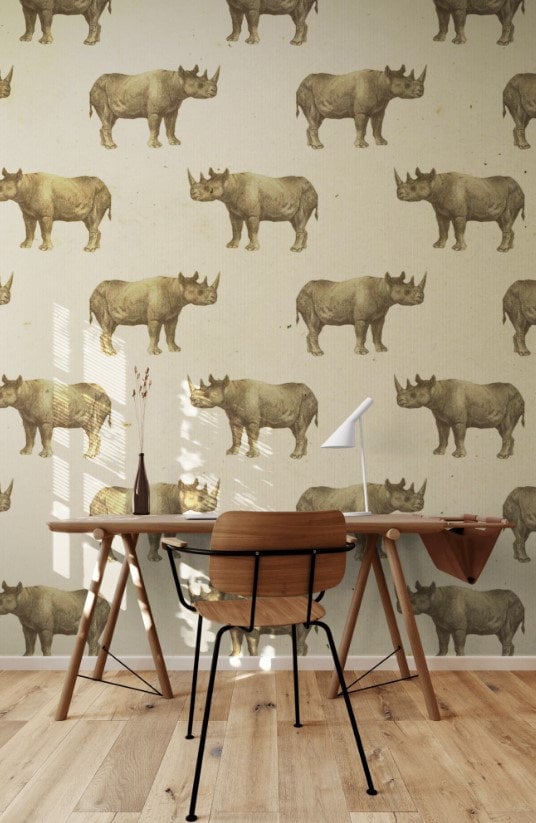 Vintage Rhino Wallpaper, Pre Paste Wallpaper, Removable Wallpaper, Luxury Wallpaper, Safari Wallpaper, Vintage Wallpaper