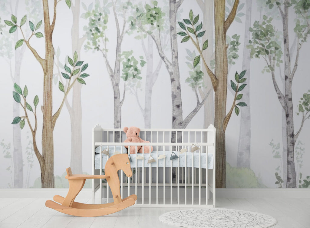 Watercolour woodland nursery Wallpaper, Woodland Wallpaper, Pre Paste Wallpaper, Nursery Decor, Peel and Stick, Bedroom wall Decor