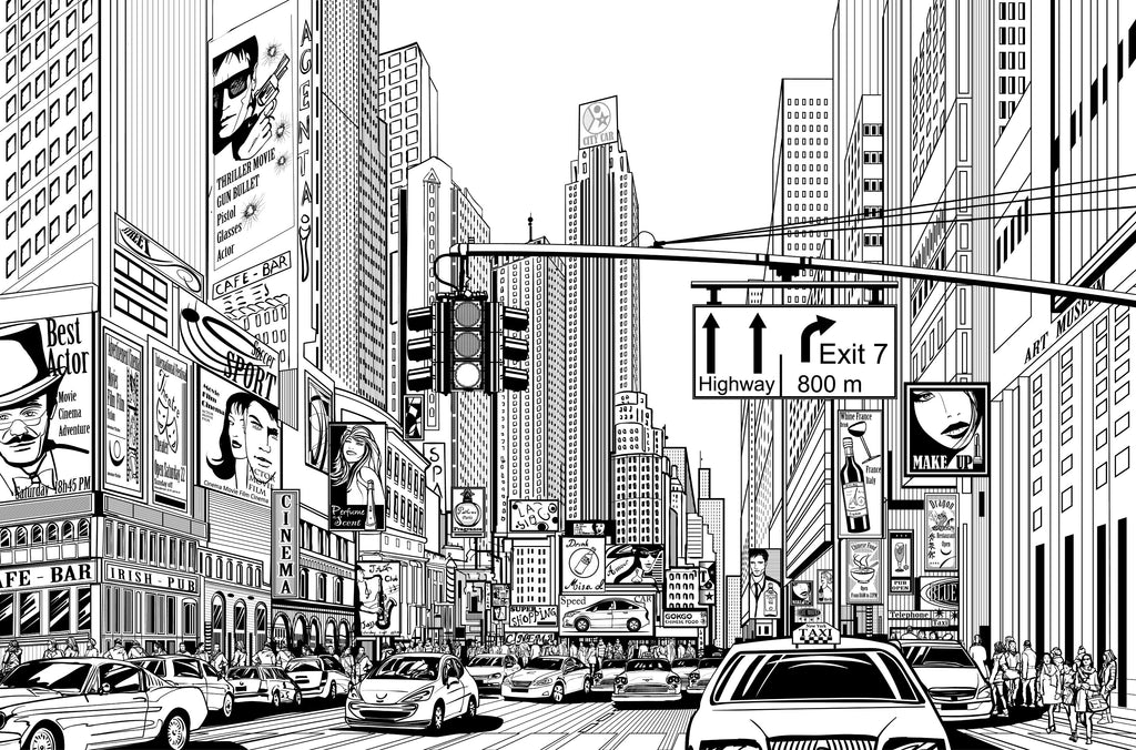 Commercial Black and White New York Comic Wall mural, Pre Paste Wallpaper, Removable Wallpaper, Peel and Stick wallpaper