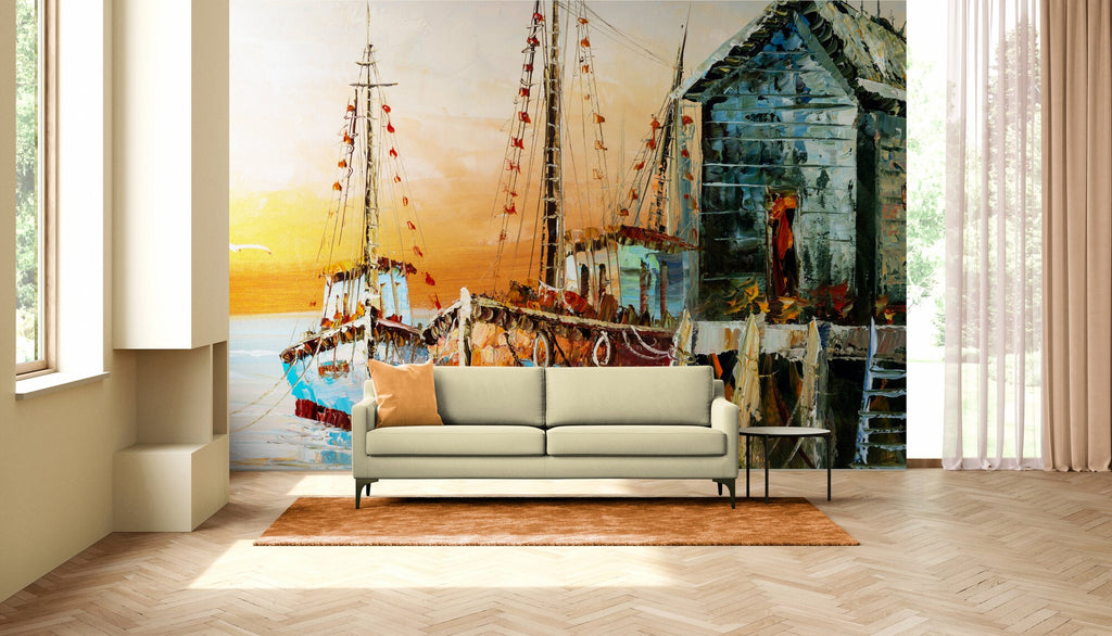 Fishing Boat Painting Wallpaper, Ready Paste Wallpaper, Removable Wallpaper, Luxury Wallpaper, Wall Mural, Custom Wallpaper
