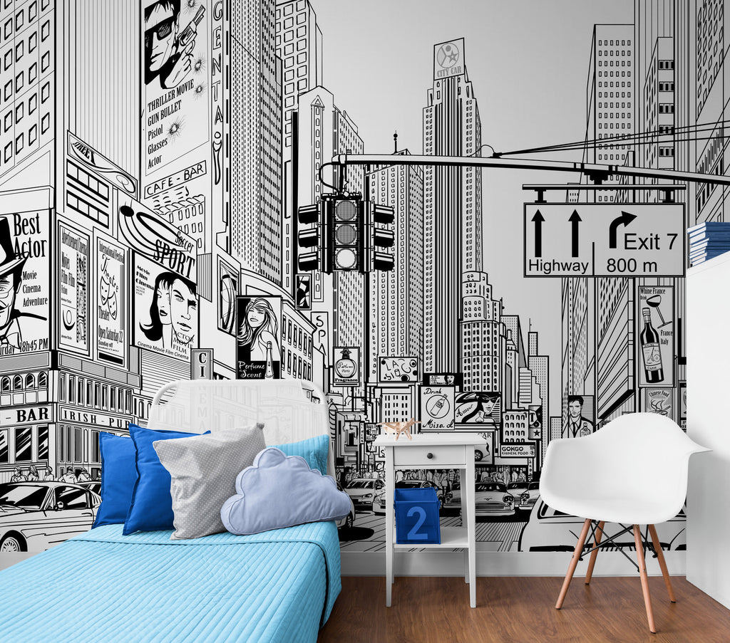 Commercial Black and White New York Comic Wall mural, Pre Paste Wallpaper, Removable Wallpaper, Peel and Stick wallpaper