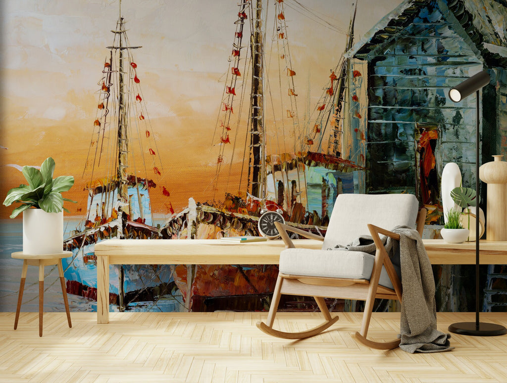 Fishing Boat Painting Wallpaper, Ready Paste Wallpaper, Removable Wallpaper, Luxury Wallpaper, Wall Mural, Custom Wallpaper