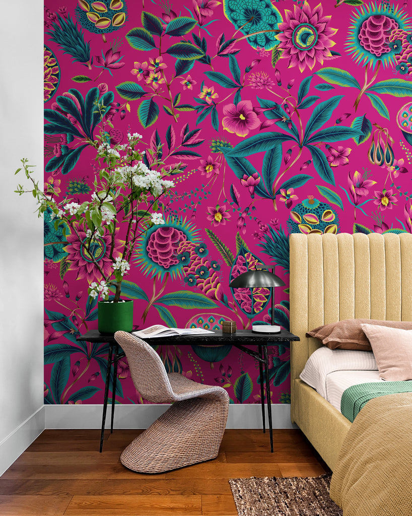 Pink Vintage Botanical Inspired Wallpaper, Flower Wallpaper, Tropical Wallpaper, Pre Paste Wallpaper, Peel & Stick Wallpaper