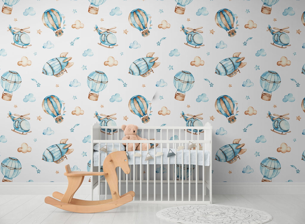 Hot Air Balloon Wallpaper, helicopter wallpaper, watercolour wallpaper, Boys Room Wallpaper, Pre Paste Wallpaper, Removable Wallpaper