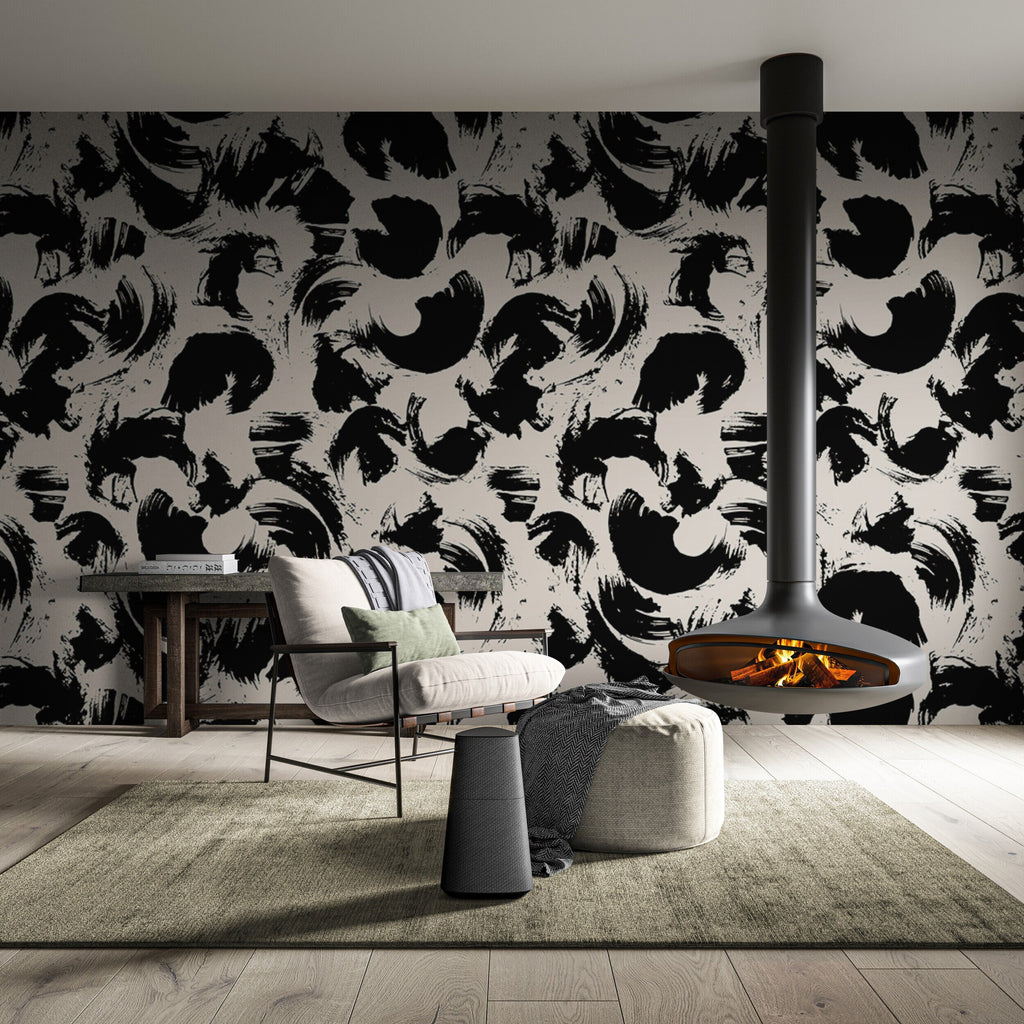 Black paint wallpaper. Abstract decorative black and cream textured background. Pre Paste and Removable Wallpaper.