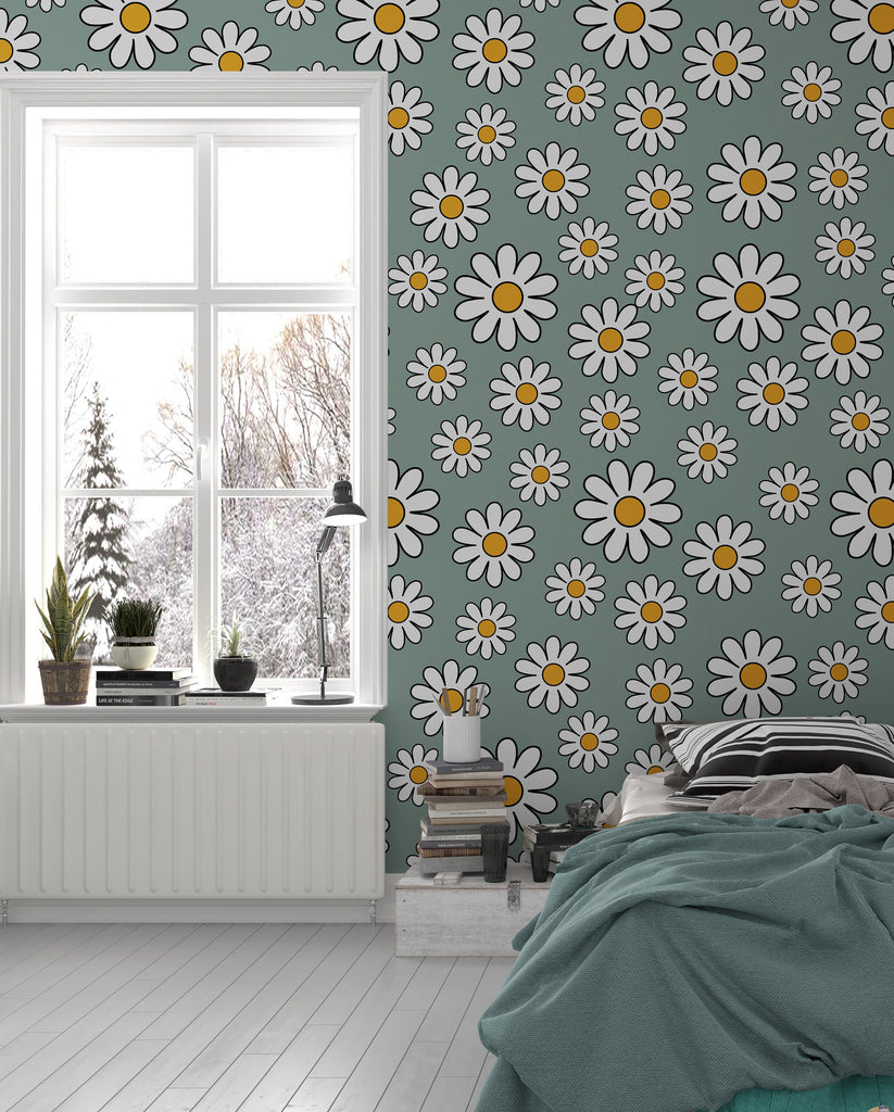 Daisy wallpaper. Teen wallpaper. Retro Flower Wallpaper. Retro Daisy Wallpaper. Pre Paste and Removable Wallpaper.