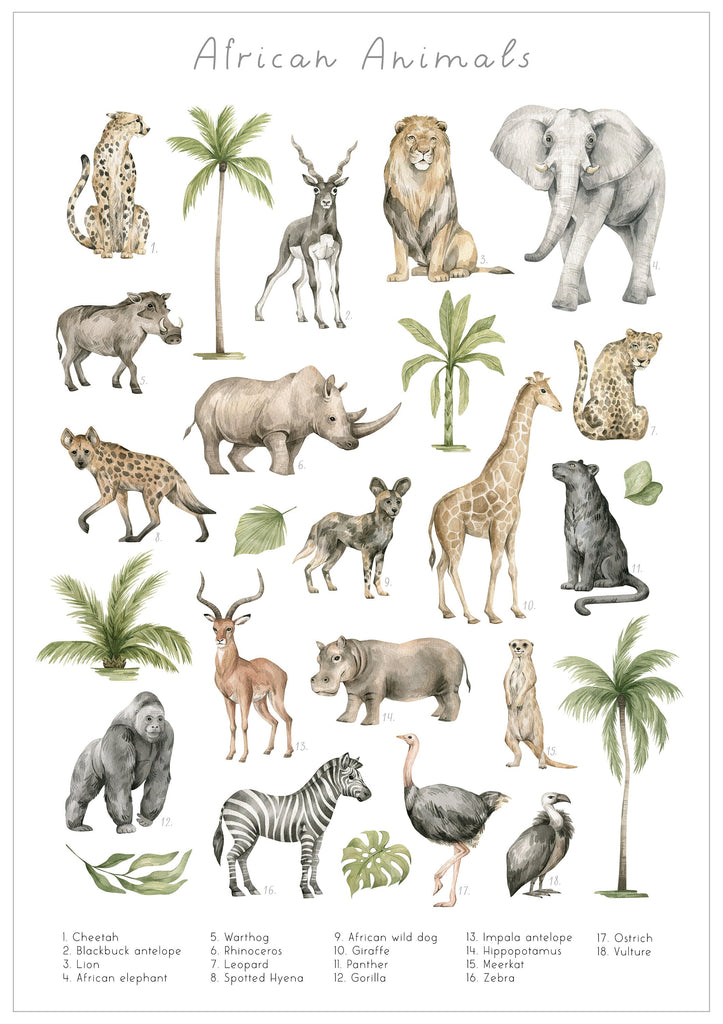 African Animals Art Print, Educational Wall Prints, Watercolour Wall Art, Children's Bedroom Art, Kid's Art, Art Prints, Nursery Art